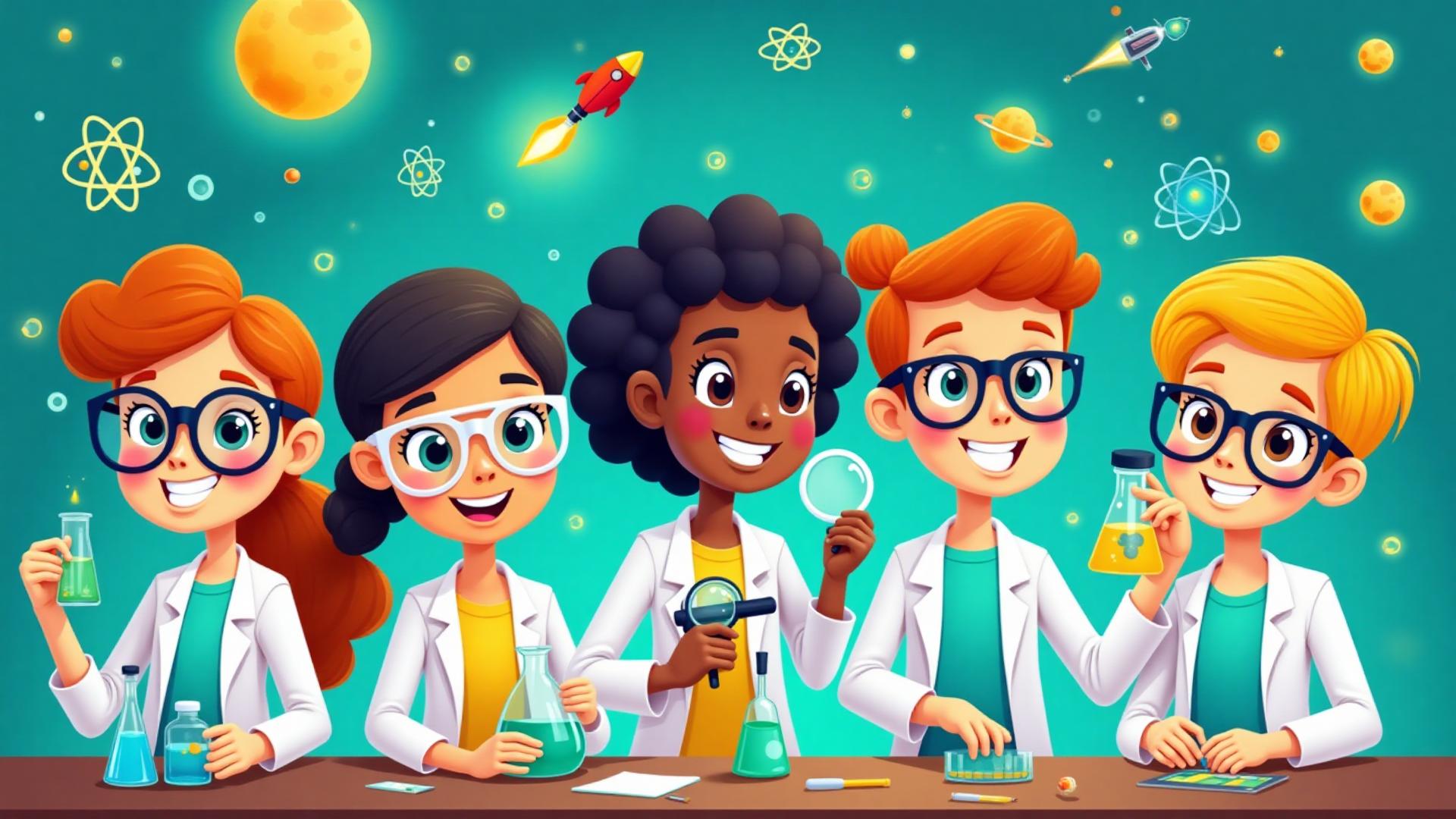 Students doing science experiments with atoms and rockets